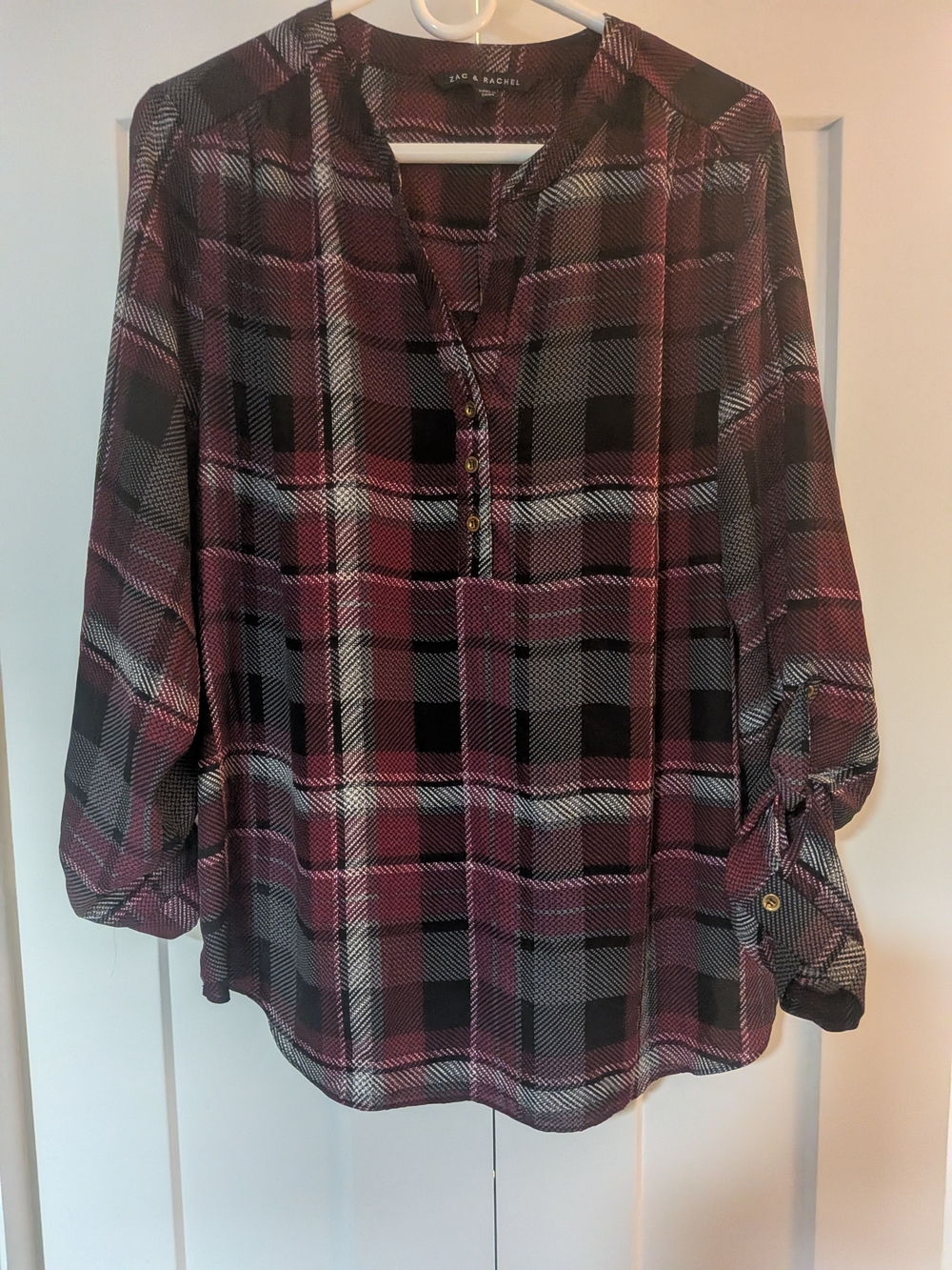 Zac And Rachel Blouse Womens XL Long Sleeve Roll Tab V Neck Plaid Pullover Top